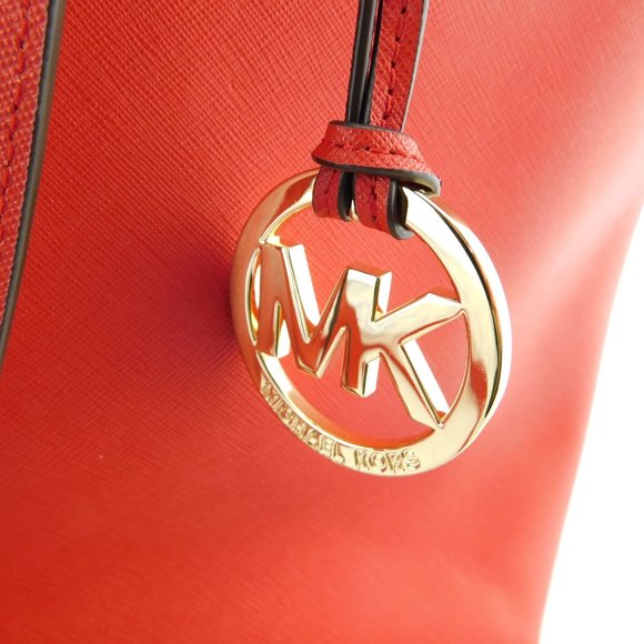 New MICHAEL KORS MK Logo Red Leather Satchel Tote Shoulder Strap Large Bag - Picture 4 of 11